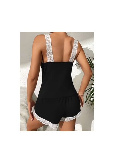 Butik İstanbul Kadın Askılı V Yakalı Viskon Bluz Ve Short Gecelik Takım Siyah