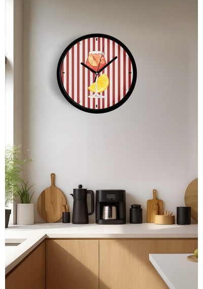 Renkli Tasarım Kokteyl Bardağı Modern Duvar Saati - Mutfak Duvar Saati - 25cm - Önü Camlı Siyah Kasa-jh1199 Siyah