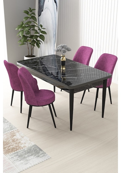 Canisa Nil Serisi 70x110 Sabit Mutfak Masası Takımı Siyah Mermer Desen Masa 4 Mor Sandalye Masa Barok Ahşap Desenli Sandalyeler Mor Canisa Nil Serisi 70x110 Sabit Mutfak Masası Takımı Siyah Mermer Desen Masa 4 Mor Sandalye Masa Barok Ahşap Desenli Sandalyeler Mor