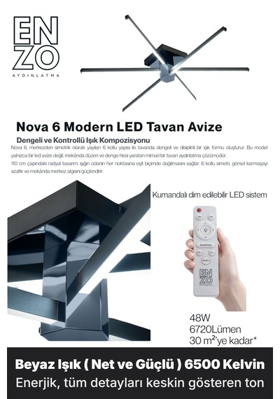 Nova 6 Füme Led Tavan Avize Kumandalı Dim Edilir Aşağı Işık Beyaz Işık