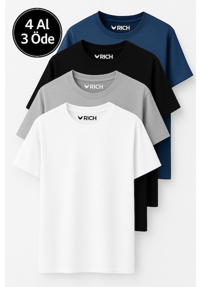 Rich Erkek 4 Lü Paket %100 Pamuk Oversize Tişört Basic Bisiklet Yaka Kısa Kollu T-shirt SIYAH