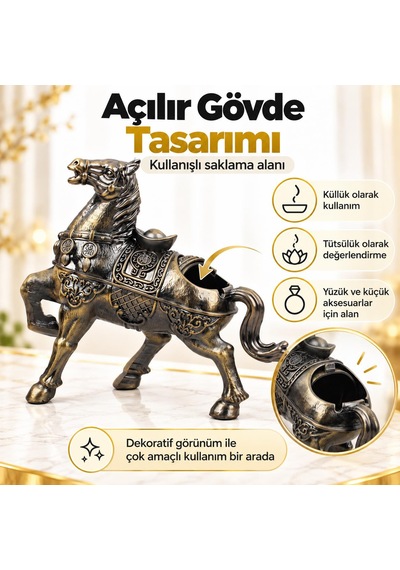 Lüks Alaşım Metal At Figürlü Kapaklı Dekoratif Küllük Ve Takı Saklama Kutusu Metal Biblo 25 X 20 Cm 73066474