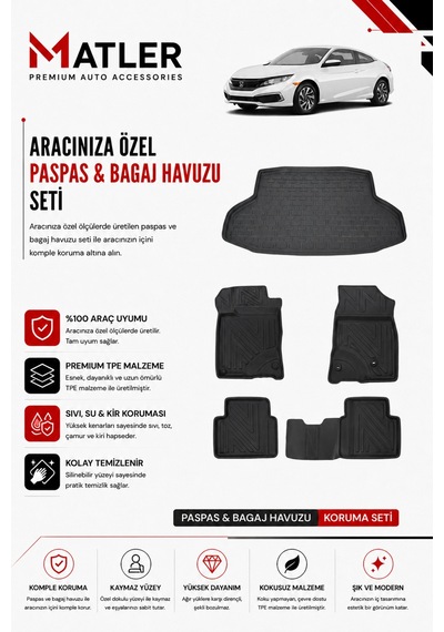 Honda Civic Fc5 2019 Model 4d Ekstra Havuzlu Paspas Ve Bagaj Havuzu Set