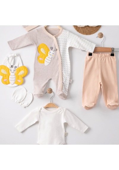 Candar 3 Ay Kelebek Nakışlı Tulum Erkek Bebek 5'li Set Kahverengi