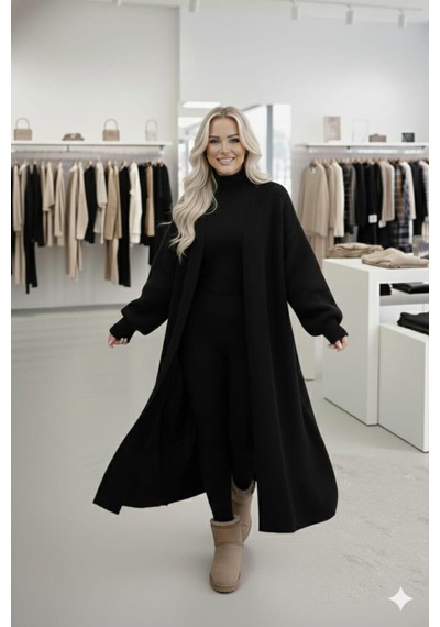 Hira Life Fashion Kadın Şal Yaka Uzun Triko Ve Sakallı Tüylü Hırka Siyah Siyah