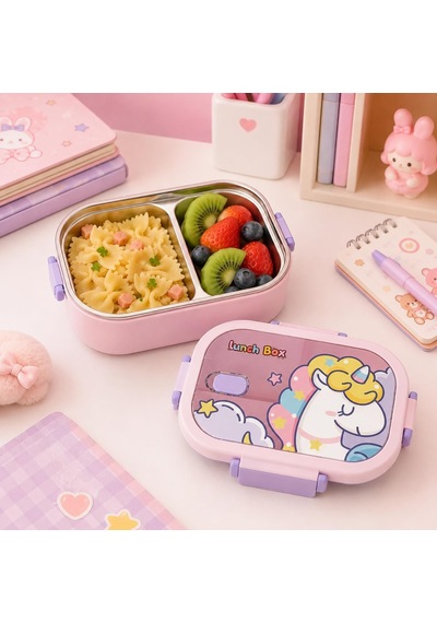 2 Bölmeli 304 Paslanmaz Çelik Çocuk Beslenme Kabı, Kilitli Lunch Box,pembe Çok Renkli