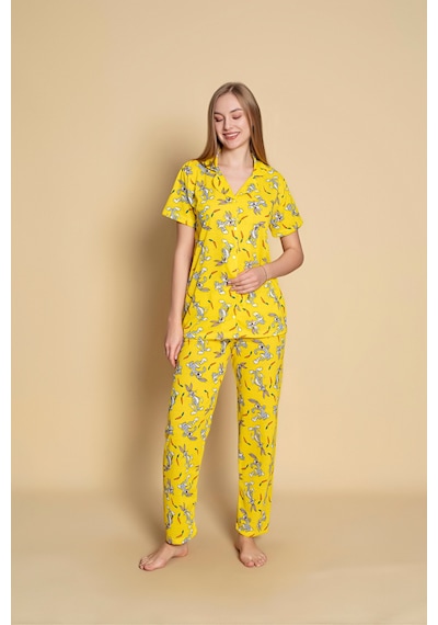 Yazlık Tavşanlı Baskılı Kısa Kol Önden Düğmeli Pijama Takımı Yeni Sezon Karışık Renk