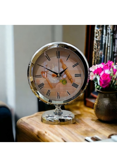 Krom Metal Ofis Salon Otel Masa Saati 25*20 cm V4 Krom