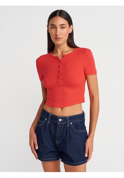 Dilvin 31647 Düğme Detaylı Crop Top-kırmızı Kirmizi