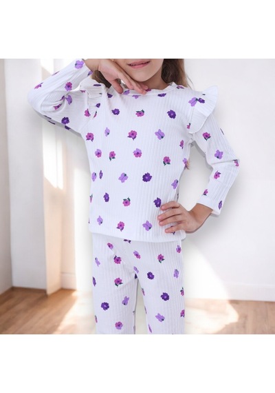 Yeni Sezon Kız Çocuk Fitilli Alt Üst Ekru Üzeri Mor Çiçek Desenli Pijama Takımı Uzun Beyaz - Siyah