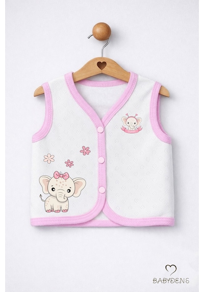 Babyden's 2 Li Kız Bebek Yelek Seti ,jakarlı Kalp Desenli,pamuklu,çıtçıtlı Bebek Yeleği Fil Baskılı,mevsimlik Ekru - Pembe