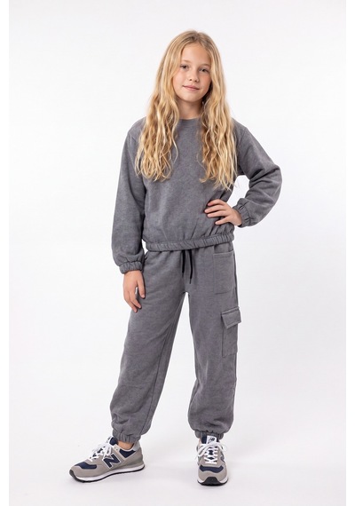 Fyk Kids 3 İplik Kız Çocuk Düz Kısa Bel Sweatshirt Bisiklet Yaka Eşofman Takımı Füme