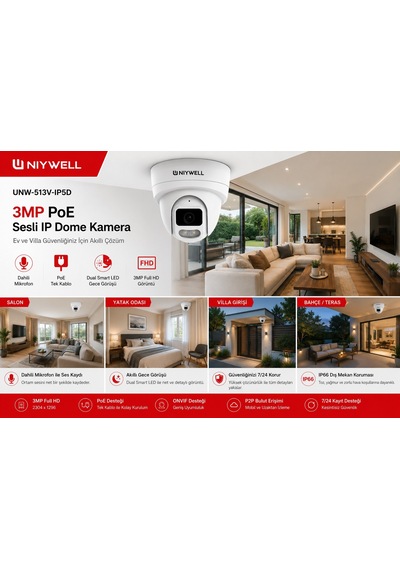 Uniywell 3.0 Mp Poe Sesli Ip Dome Kamera Dahili Mikrofon Akıllı Gece Görüşü Onvıf Ev Ve Ofis Güvenlik Kamerası