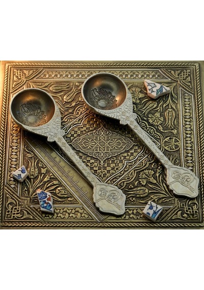 Ludıa Osmanlı Temalı Otantik 2'li Set Gümüş Renk Dekoratif Metal Kaşık 10.5 Cm Gri
