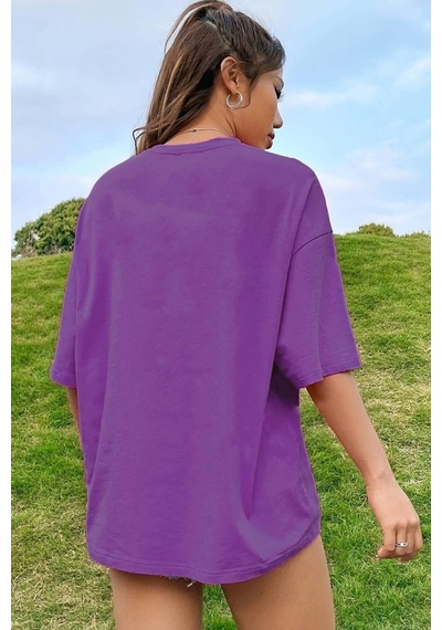 Sunday Mountain T-shirt - Mor Baskılı Oversize Bisiklet Yaka Kısa Kol Tişört Mor