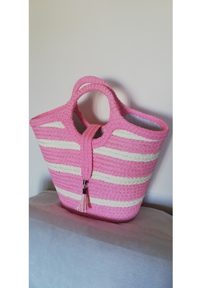 Durush Collection El İşçiliği Tek Üretim Plaj Çantası Pembe-beyaz