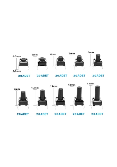 200 Adet 6x6mm Tact Buton Set 10 Farklı Yükseklikte 4 Pin Dokunmatik Anlık Basmalı Düğme Anahtar