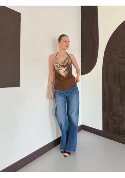 Verymoda Pullu Askılı Bluz D3079 Kahve Bakır