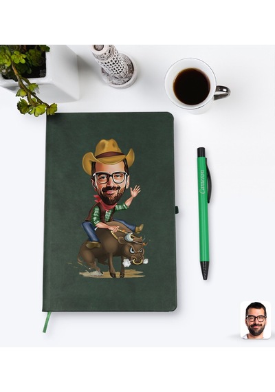 Kişiye Özel Rodeo Karikatürlü Yeşil Termo Deri Defter Kalem Seti