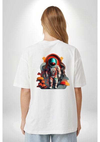 Astronot Yapay Zeka Yürüyüş Beyaz Oversize Unisex Ön Ve Sırt Baskılı Tişört Beyaz
