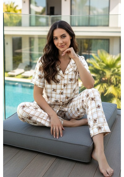 Remsa Kadın Ayıcık Desen Kısa Kol Suprem Pijama Takımı 0277 Bej02