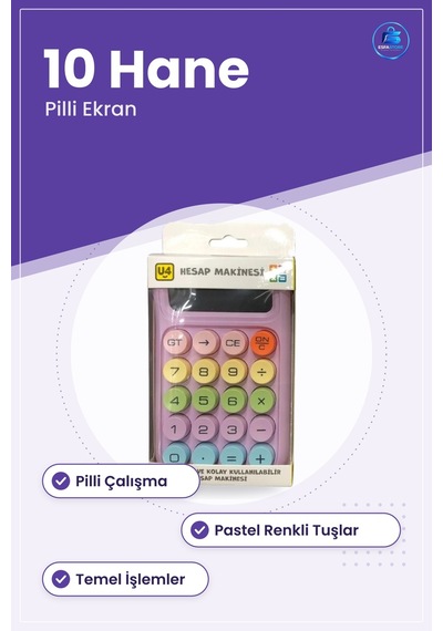 Hesap Makinesi Haneli Pilli Pastel Renkli Yuvarlak Tuşlu Ofis Oku Çok Renkli