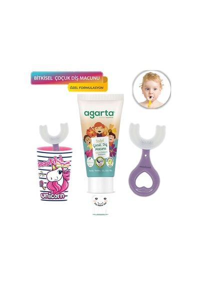 Mas Lord U Tipi Yeni Nesil Diş Fırçası Seti - Pembe Fırçalık + Mor Kalp 2-6 Yaş +Agarta Çocuk Diş Macunu
