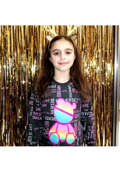 Milenawear By Milena Kız Melajlı Yazı Baskılı Bisiklet Yaka Kız Sweatshirt Siyah