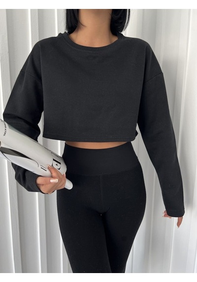 Siyah Crop Bisiklet Yaka Sweatshirt Siyah