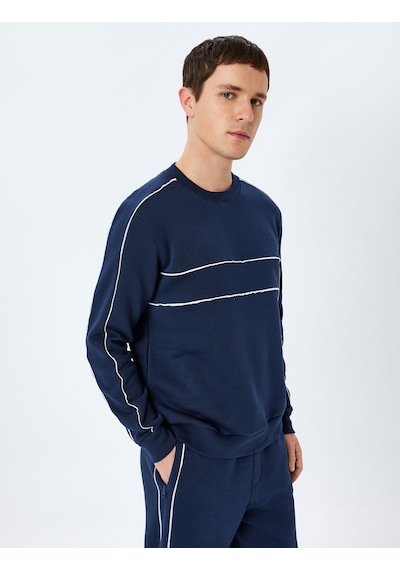 Koton Pamuk Karışımlı Uzun Kollu Biyeli Bisiklet Yaka Sweatshirt Lacivert 5wam70258mk Lacivert