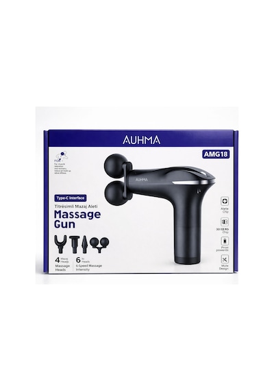 Auhma Amg18 Çift Başlıklı Şarjlı Masaj Tabancası - 6 Kademeli 3200 Rpm Titreşimli Masaj Aleti Siyah