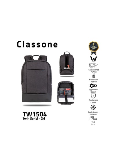 Classone Bp-Tw1504 Twincolor 15.6" N.Çantası-Gri
