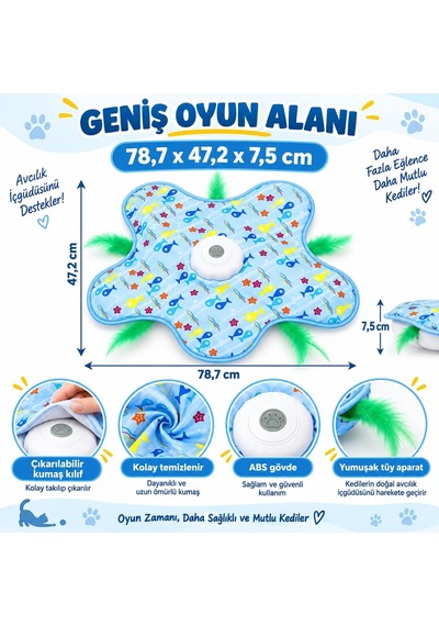 İnteraktif Kedi Oyuncağı - Otomatik Hareketli Tüy, Saklambaç Oyun Matı - 3 Modlu, Dokunmatik Aktivasyonlu, Usb Şarjlı Elektronik Evcil Hayvan Eğlence Oyunu
