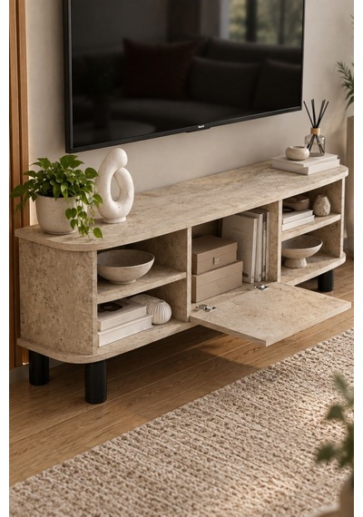 Sulorahome Ekru Traverten Desenli Suntalam Tv Sehpası 136 Cm