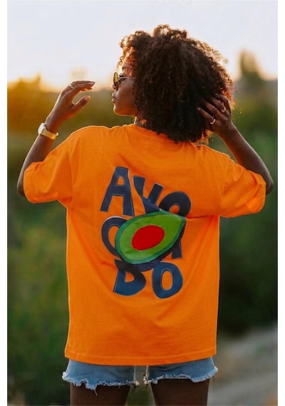 Avacado Sırt Baskılı Oversize Unisex Pamuklu Tişört Turuncu