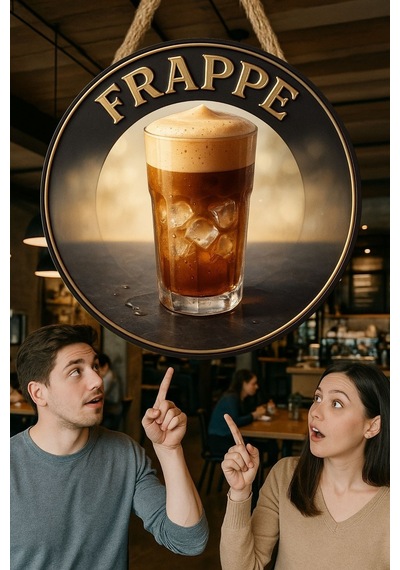Frappe Temalı Yuvarlak Cafe Tabelası, Jüt İpli Ahşap Duvar & Kapı Dekoru, Barista Tarzı Retro Süs