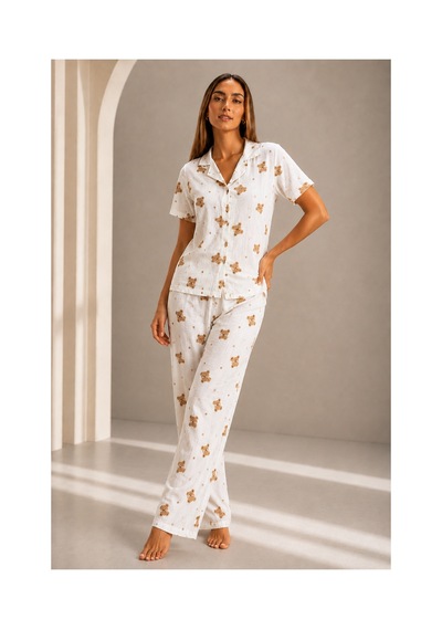 Fit Women Kadın Kısa Kol Rahat Kalıp Şık Kırık Beyaz Pijama Takımı Fit Women Kadın Kısa Kol Rahat Kalıp Şık Kırık Beyaz Pijama Takımı