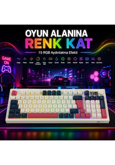 Lecoo Gk690 Kablosuz 3 Modlu 96 Tuşlu Rgb Gasket Membran Türkçe Q Oyuncu Klavyesi Beyaz Lacivert