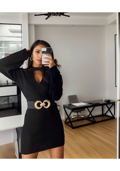 Defymoda Kadın Uzun Kollu Omuzları Açık Boyundan Şerit Detay Kaşkorse Elbise Siyah