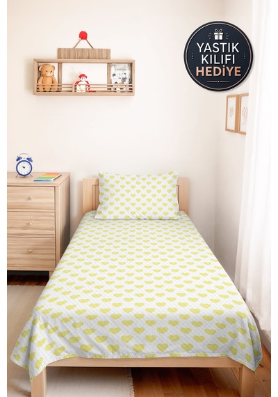 Sarı Kalp Genç Odası Tek Kişilik Pike Takımı - Minimal Beyaz 160x220 Cm Kapitone Yatak Örtüsü Bohem Sis Ufku