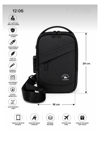 Newish Polo Body Bag Çapraz Sırt Çantası Şifreli Kilitli Uziko Küçük Boy - Suni Deri Siyah