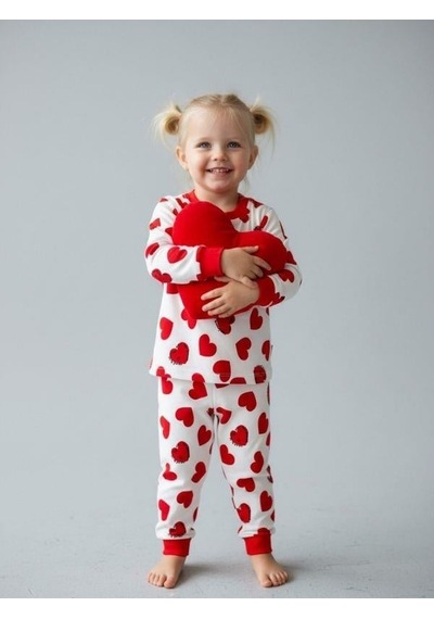 Zekids Kız Bebek Pamuklu Kalp Desenli Pijama Takımı-16850 Kırmızı