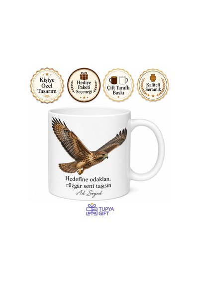 Atmaca Temalı Baskılı Kupa Bardak Hediye Özel Tasarım Porselen Mug Beyaz / Çok Renkli