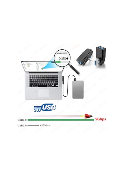 Usb 3.0 Sol Açılı Konnektör Erkek Dişi 90 Derece Uzatma Adaptörü