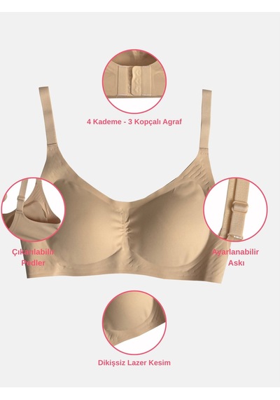 Alya Underwear Kadın Dikişsiz Sütyen Çıkarılabilir Yuvarlak Kaplı Lazer Kesim Görünmez Sütyen Siyah Ten Rengi