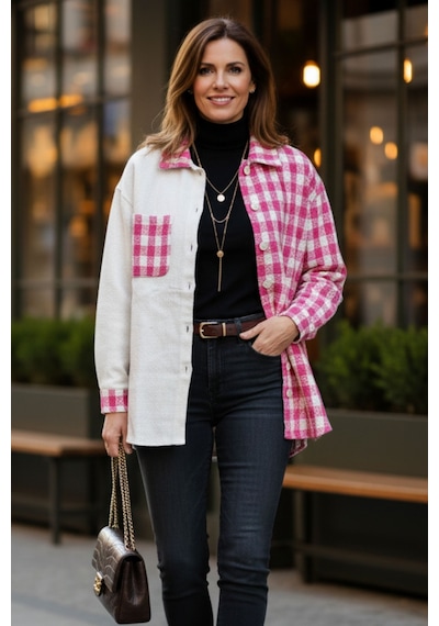 Kadın Pembe Oversize Fit Ekoseli Desenli Uzun Kollu %100 Pamuk Gömlek, Ceket, Kadın Oduncu Gömlek Pembe