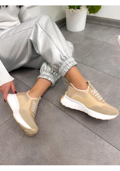 Erva'nın Butiği Bej Triko Mines Kadın Bağcıklı Sneakers-5222