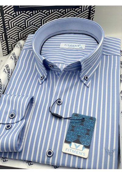 Slim Fit Uzun Kol Premium Kalın Çizgili Yaka Düğmeli Hediye Kutulu Kolay Ütülenebilir Erkek Gömlek Fs-001375 - Açık Mavi-1495 Açik Mavi