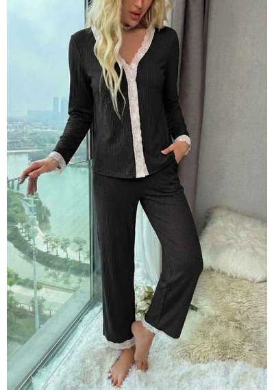 Merry See Ribanalı Dantel Detay İki Parça Pijama Takım Siyah