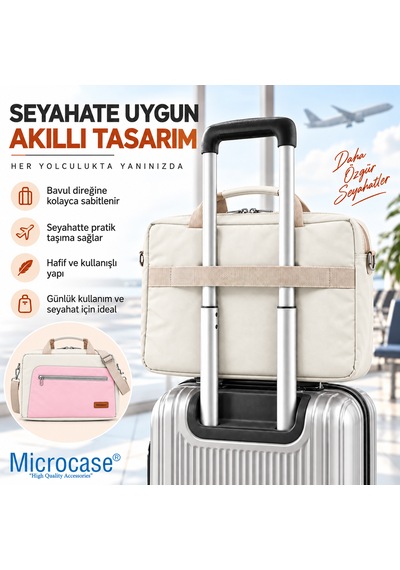 Microcase Macbook Air 15 İnch M4 2025 İle Uyumlu Macbook Taşıma Çantası Darbe Korumalı Omuz Askılı Çok Bölmeli Krem Pembe Al5694